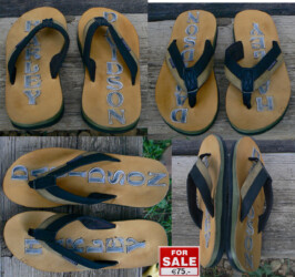 Ehemals ausgetrettene Flip Flops reloaded. Oberfläche neu mit Leder Überzogen inkl. HD Schriftzug aufgenäht, neue Hochwertige Gummisohle.